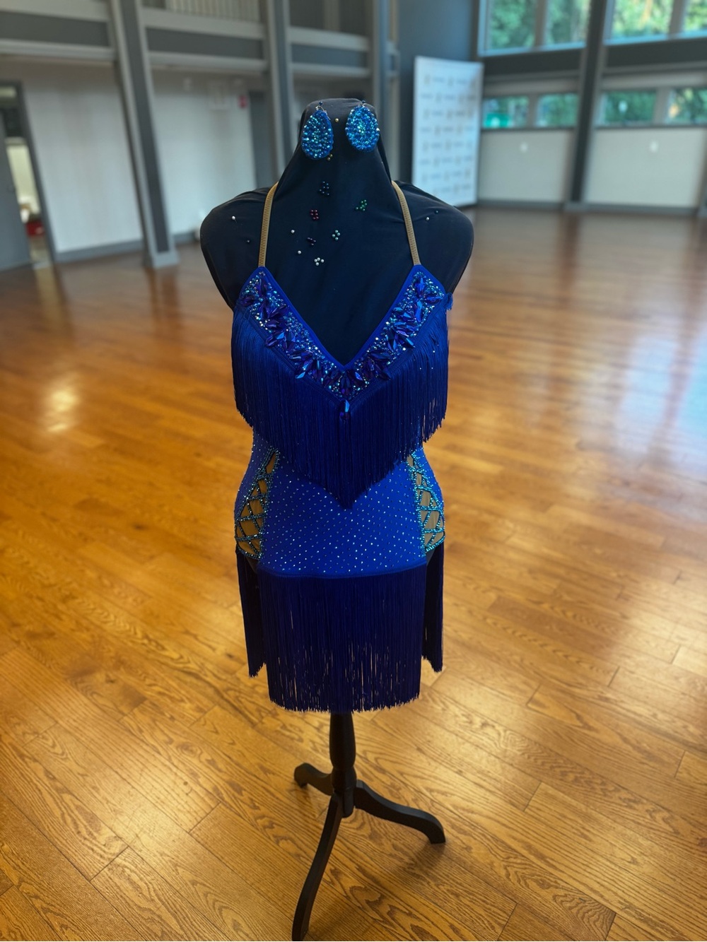 Blue Fringe Latin Dance Dress with Rhinestone Accents - Picture 3 of 7